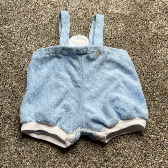 Vintage Mothercare Blue Striped Shortalls Overalls Clown One Piece Sz 6-9 Month - Picture 2 of 3